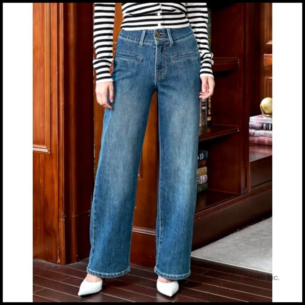 High Waisted Wide Leg Jeans Stretchy Tummy Control Relaxed Fit Trendy Denim
